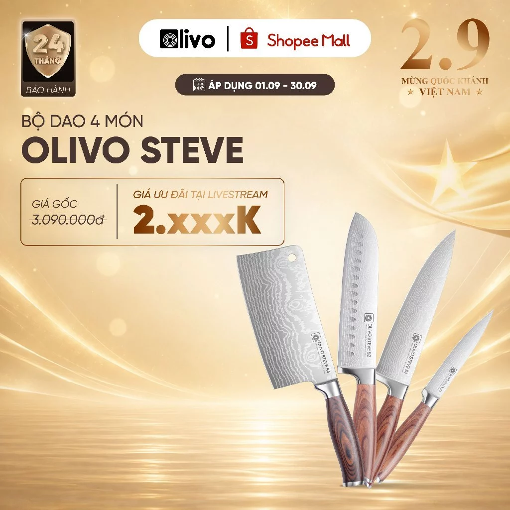 Bộ Dao OLIVO STEVE – Chuôi Gỗ Hồng – Thiết Kế Công Thái Học – Lưỡi Dao Sắc Bén