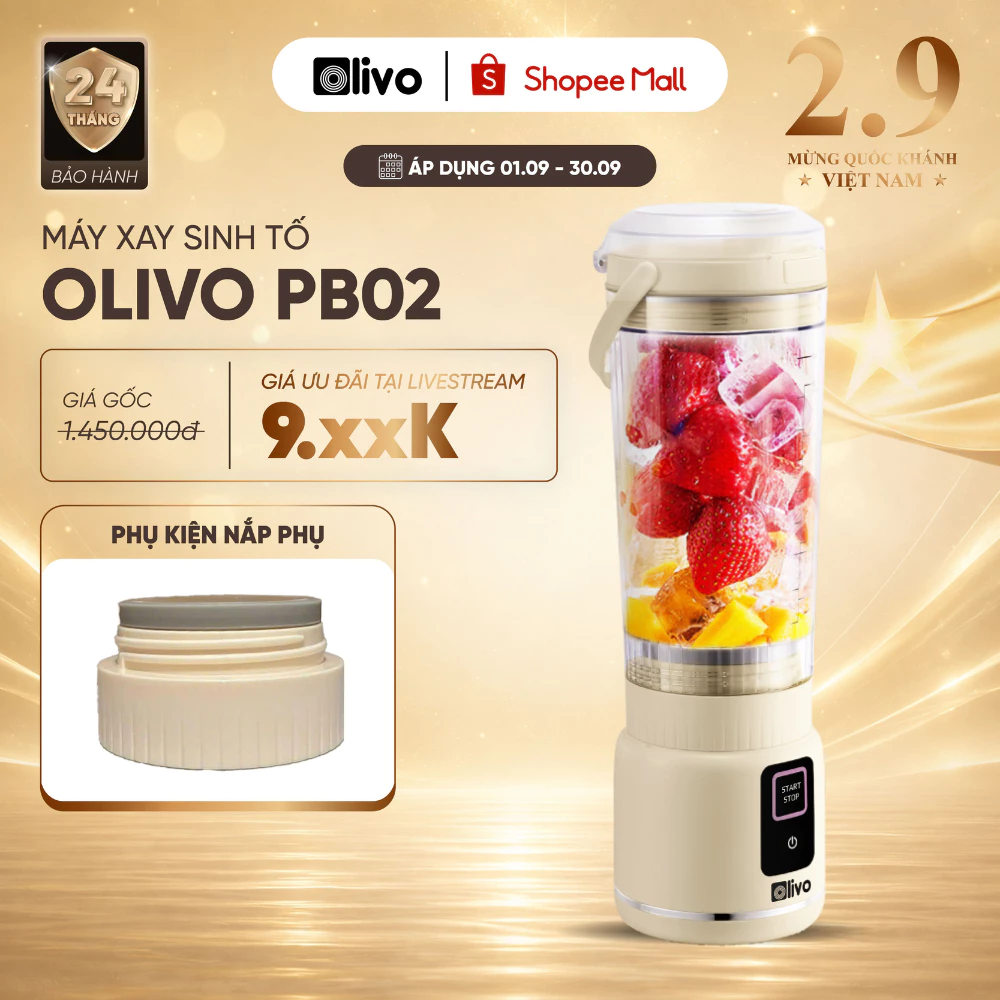 Máy Xay Sinh Tố Sạc Pin 500ml Olivo PB02 - Xay Nhanh Uống Ngay - Mang Đi Làm, Đi Tập, Đi Du Lịch