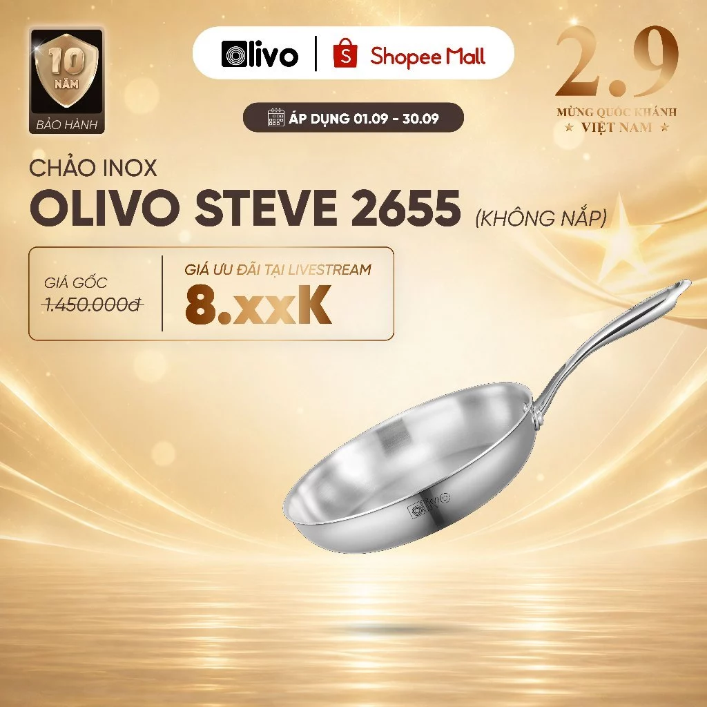CHẢO INOX OLIVO STEVE 2655 Size 26 – Chảo Rán Nấu Được Trên Mọi Loại Bếp - Chống Dính Tự Nhiên, An Toàn