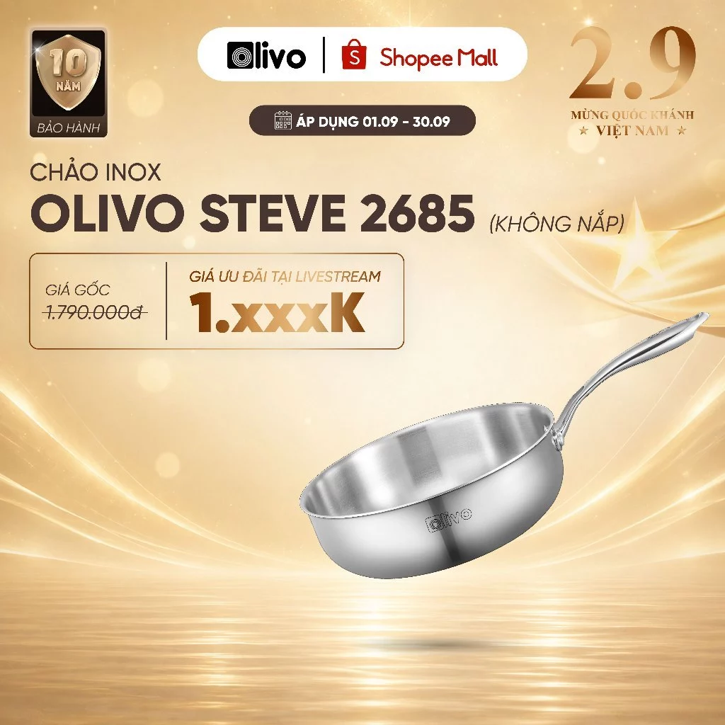 Chảo INOX Sâu Lòng Olivo Steve 2685 Size 26 – Chảo Xào Đáy 3 Lớp, Chống Dính Tự Nhiên, Cao Cấp - BH 10 Năm