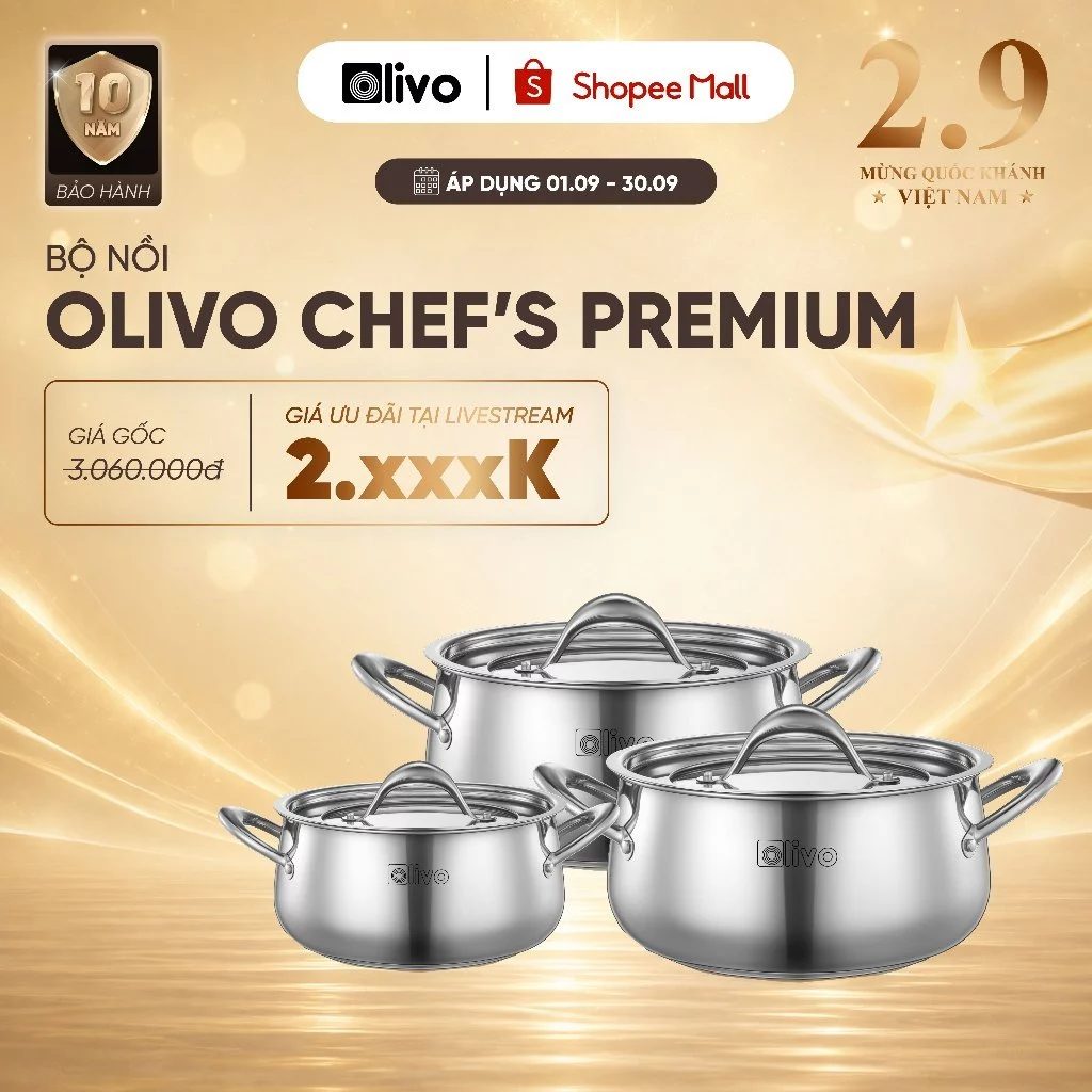 Nồi Inox OLIVO CHEF'S PREMIUM CP2010A, CP2412 - Inox 3 Lớp - Nắp Kính Cường Lực Viền Inox - Nấu Được Trên Mọi Loại Bếp