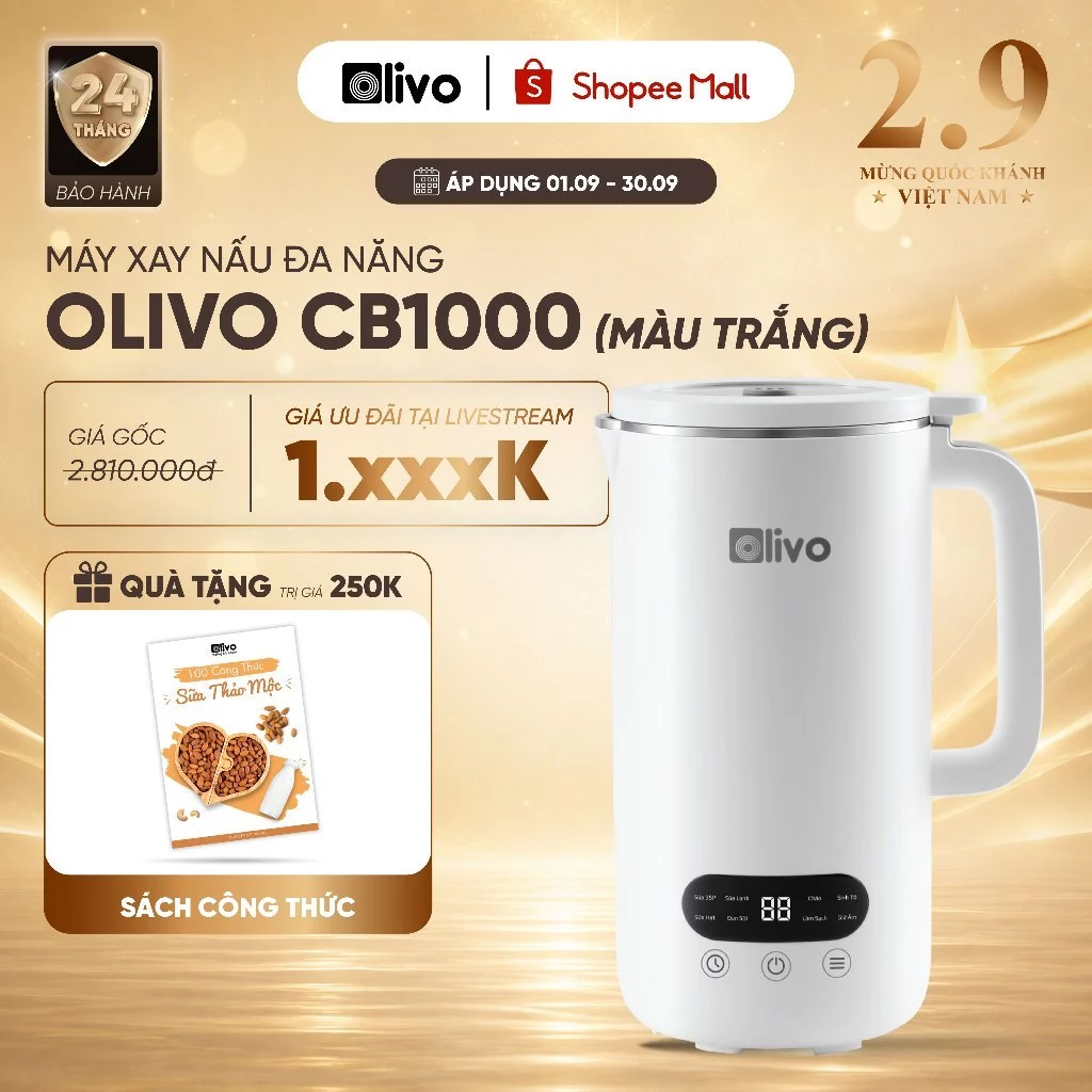 Máy Làm Sữa Hạt OLIVO CB1000 1L Màu Trắng – Giữ Ấm, Lòng Inox 304, 9 Chế Độ Đa Năng, Chống Trào Thông Minh