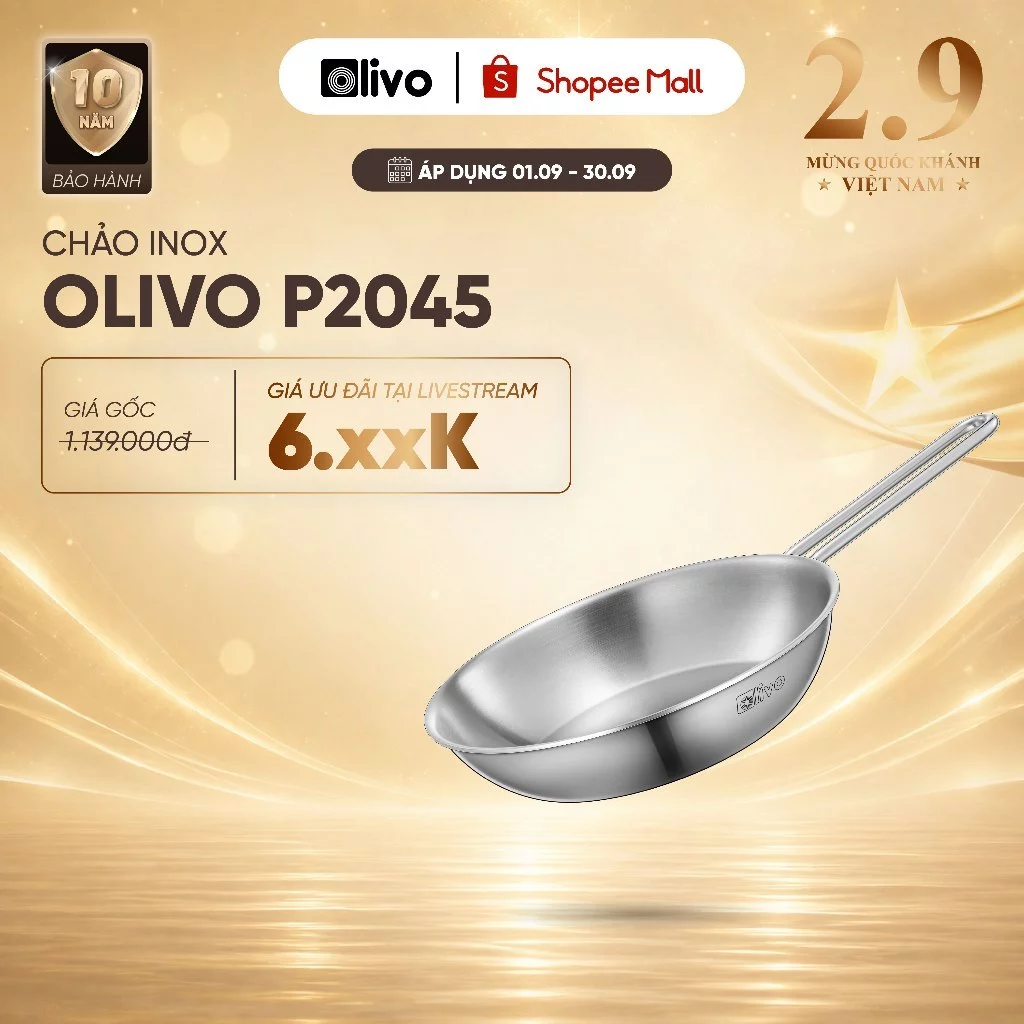Chảo Inox OLIVO P2045 Size 20 – Chống Dính Tự Nhiên, Đáy 3 Lớp, Nấu Được Trên Bếp Từ - BH 10 Năm