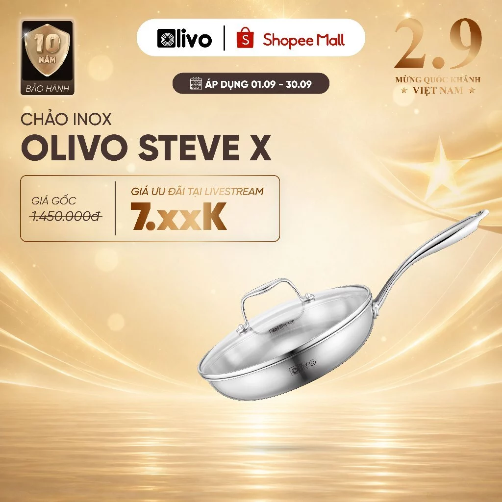 CHẢO INOX OLIVO STEVE X Size 24 - Đáy 4 Lớp – Nấu Được Trên Mọi Loại Bếp - Chiên, Xào, Rán - Chống Dính Tự Nhiên