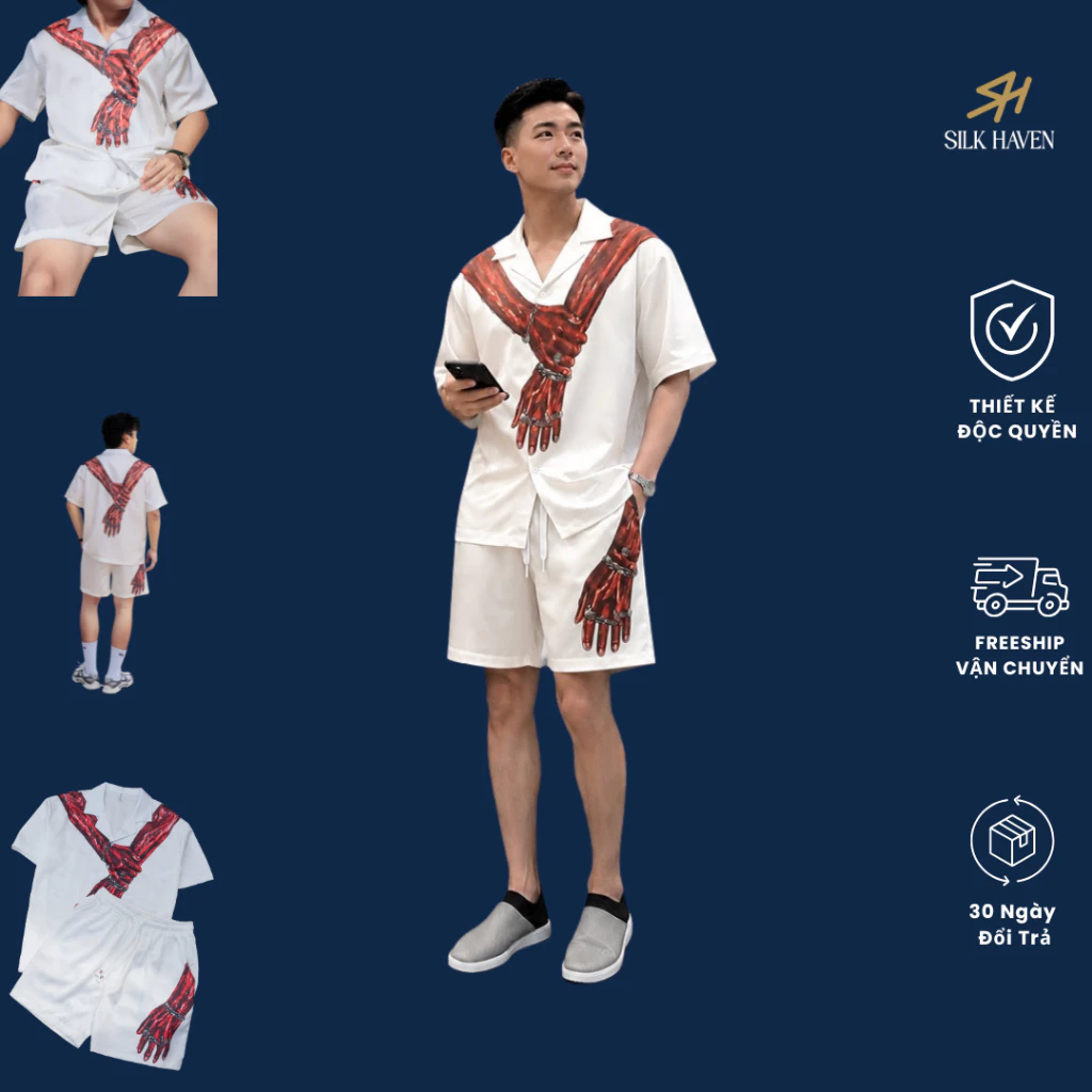 Set Lụa Queen  cao cấp Nam Họa Tiết Nghệ Thuật  -SILKHAVENSN11– Đồ Mặc Đi Chơi , Du Lịch Nghỉ Dưỡng . Co size 120kg
