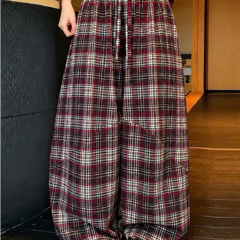 Quần Ống Rộng Kẻ Caro Nữ Dáng Suông Thụng Cạp Chun Có Dây Rút Phối Đường May Chéo Phong Cách Ulzzang Vintage