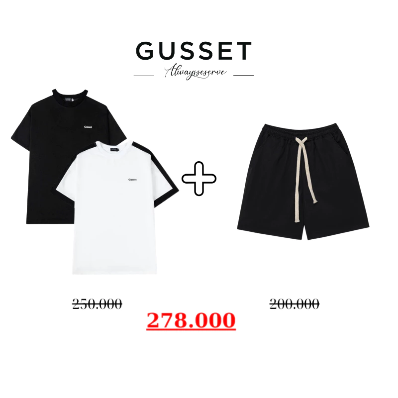 [Combo độc quyền GUSSET] Áo thun trơn in chữ Gusset + quần short kaki form trên gối STG