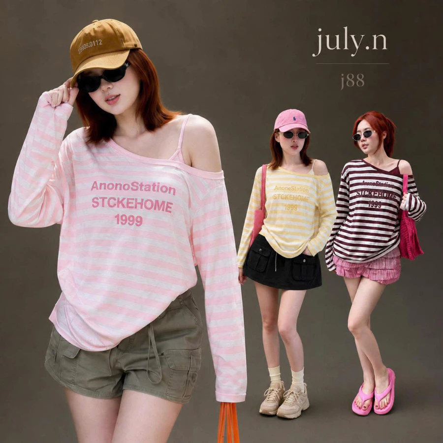 Áo Thun Kẻ Lệch Vai July.N – Tay Dài, Form Nữ Tính, Thời Trang Hàn Quốc