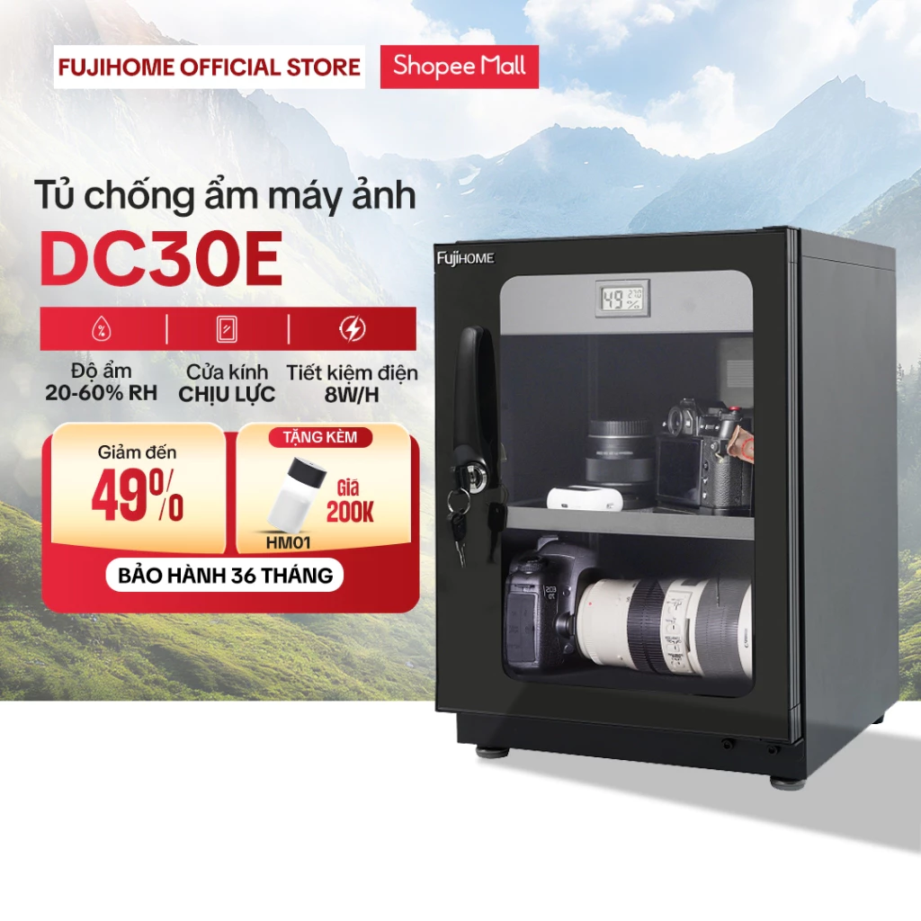 Tủ chống ẩm máy ảnh 30 Lít FUJIHOME DC-30M Nhập Khẩu, tủ hút ẩm máy ảnh 30L 2 ngăn dry cabinet chống xước