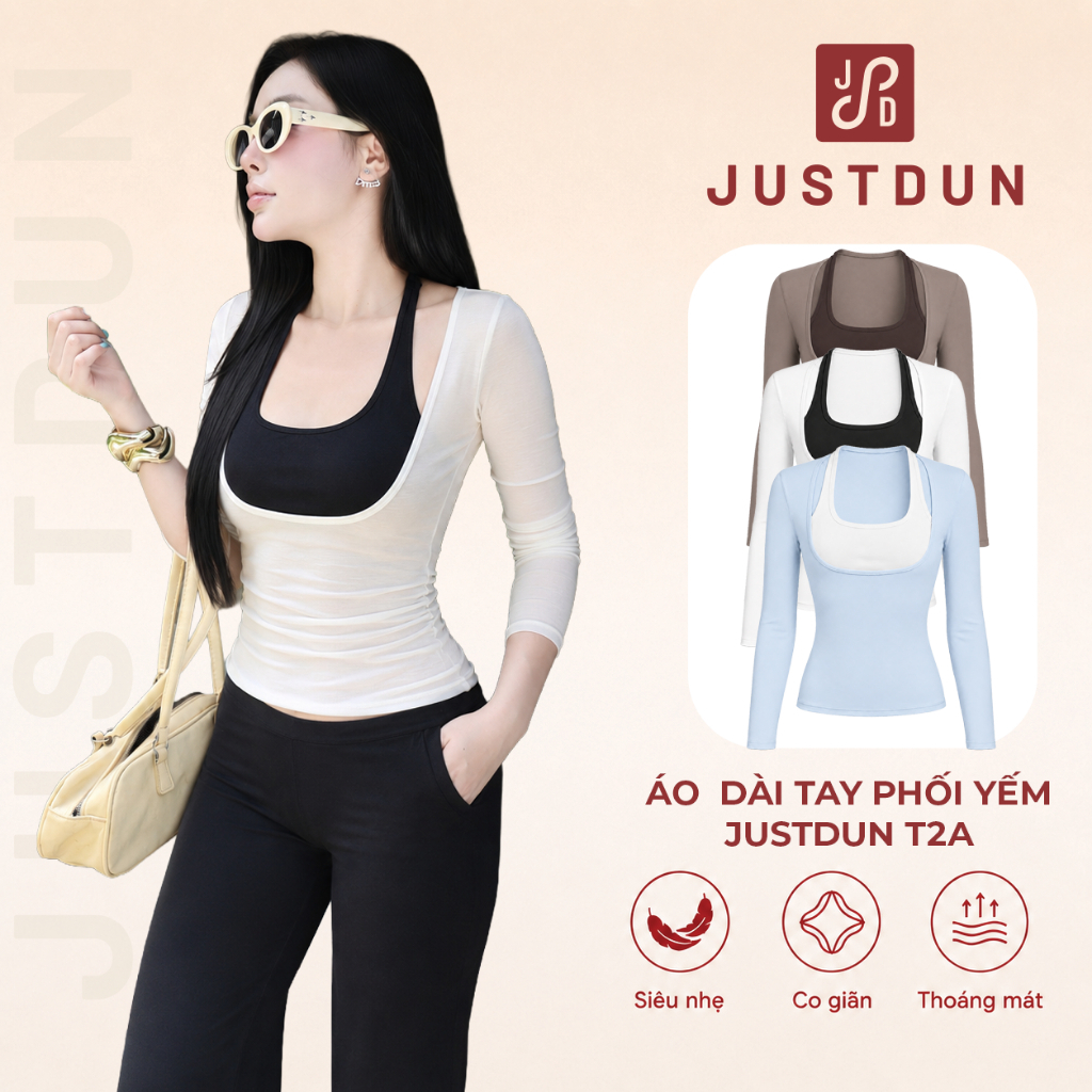 Áo Thun Nữ Dài Tay Phối Yếm Ôm Body JUSTDUN T2A - Cổ Yếm Siêu Nhẹ, Co Giãn…