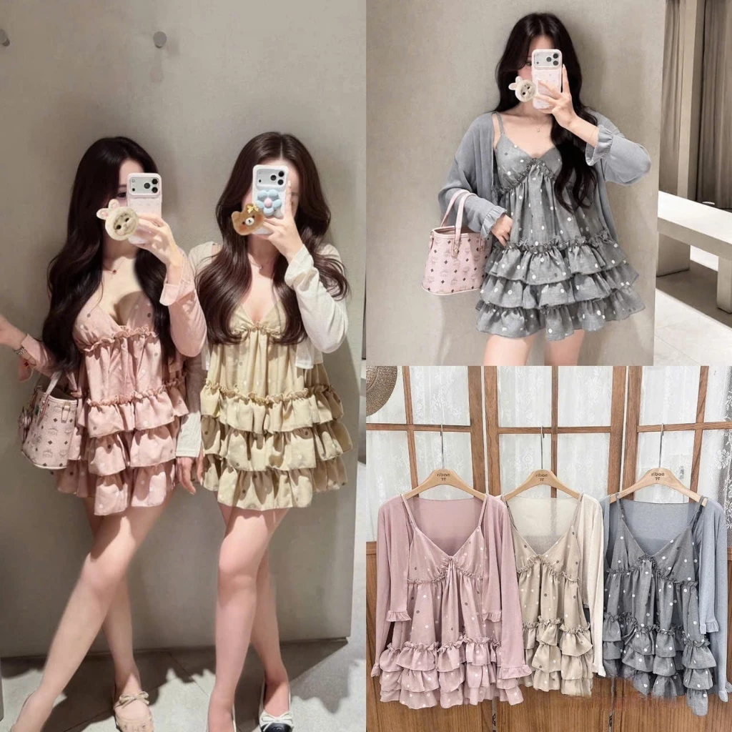 (Set 2 Món): Áo Khoác Bèo Mỏng Phối Váy 2 Dây Xẻ V Chấm Bi Màu Chân Tầng Dáng Ngắn 3 Tone Cực Xinh-Ảnh Thật Lollaye