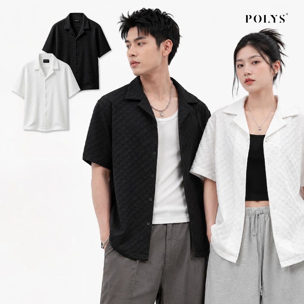Áo Sơ Mi Nam POLYS Trắng Đen Dáng Suông Vừa BEVIS