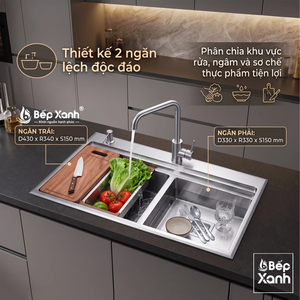 New 2026 | Chậu Rửa Chén 2 Hộc Ecalite ES-N28550HS Inox 304 Thủ Công Đa Tầng Thông Minh Kèm Phụ Kiện Cao Cấp