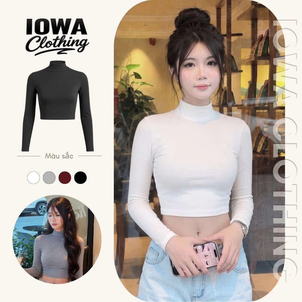 Áo Croptop Nữ Tay Dài Cổ Lọ Ôm Body IOWA CR108 - Borip Lụa Co Giãn, Mềm Mịn Basic