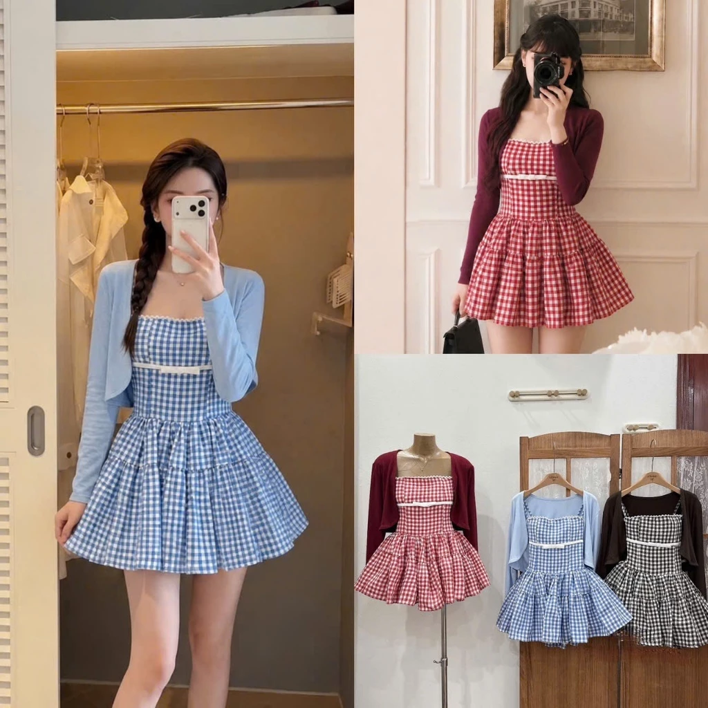 (Set Váy Kẻ): Váy Dây Kẻ Ô Viền Ren Đính Nơ Trắng Dáng Xoè Phối Kèm Khoác Dài Tay Cùng Màu 3 Tone Nịnh Da-Ảnh Thật Lolla