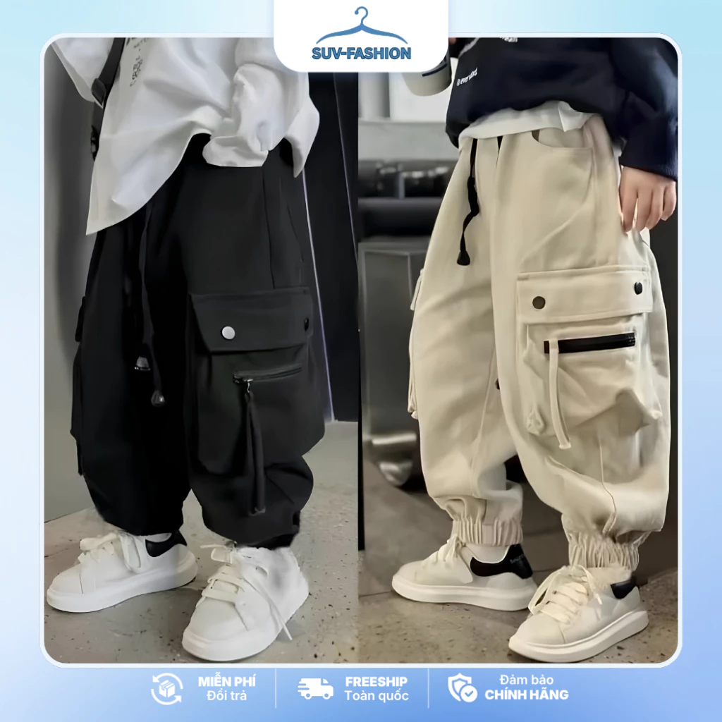 [19-45kg] combo 2 quần và 1 quần kaki mềm túi hộp cho bé trai, dáng bom chun chân, phong cách thể thao