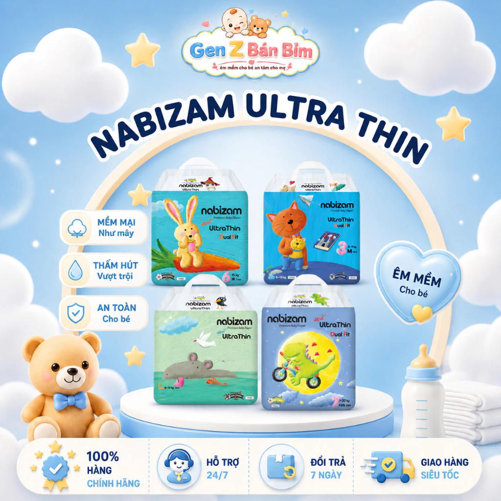 Bỉm Quần Nabizam Ultrathin Hàn Quốc siêu thấm, mềm mại, thoáng khí cho bé 4-24kg