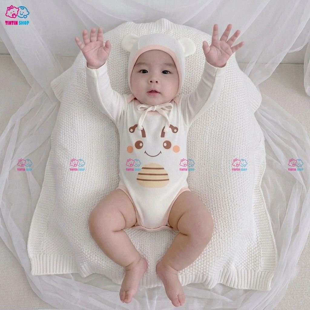 Bodysuit kèm mũ body chip dài tay vải thun tăm cho bé trai bé gái sơ sinh Áo liền quần SLT93