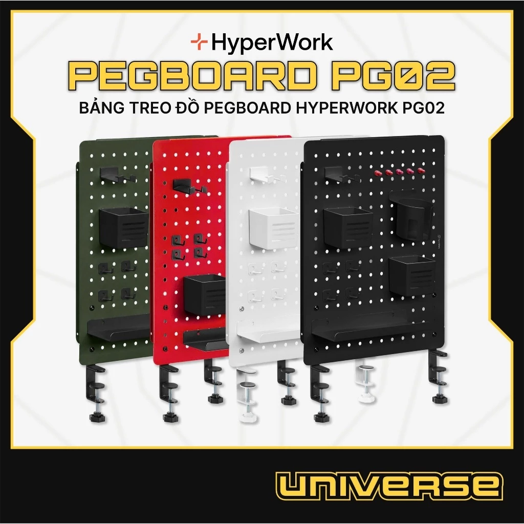 Bảng Treo Đồ HyperWork Pegboard PG02 Kèm 14 Phụ Kiện Thép Sơn Tĩnh Điện Tải Trọng 10Kg Chân Kẹp Bàn