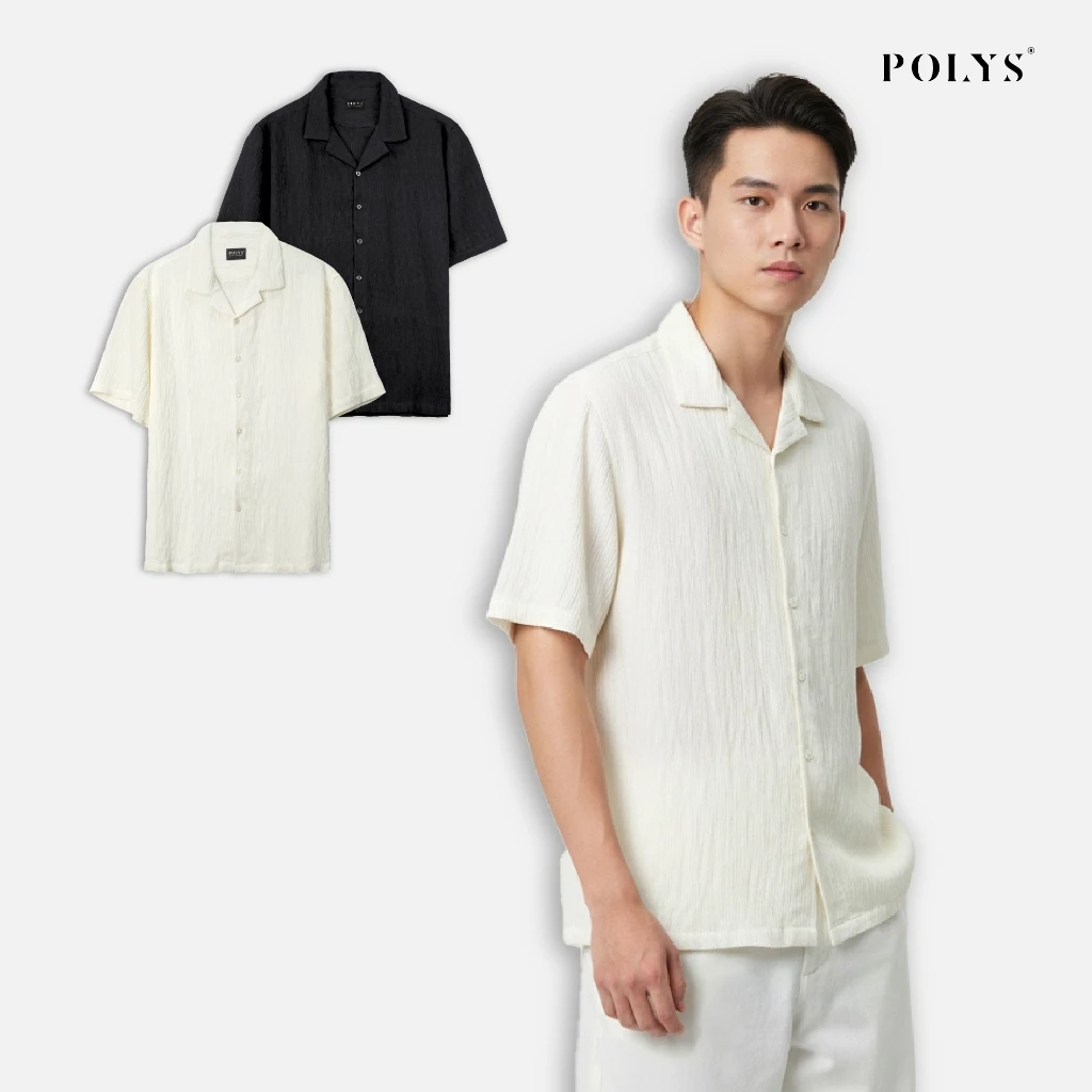 SALE HÈ Áo sơ mi nam POLYS Vải Linen Vân Gỗ Co Giãn 2 Chiều Thấm Hút Tốt Áo sơ mi tay ngắn WAVY WOOD