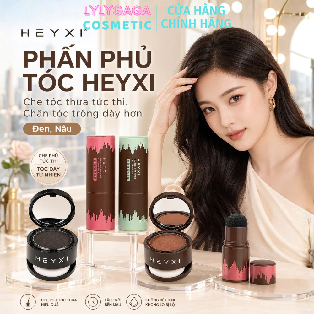 Phấn phủ che khuyết điểm tóc đen nâu HEYXI 4g và 1g Phấn chấm hói làm dày chân tóc, Tạo khối trán, che trán cao thưa