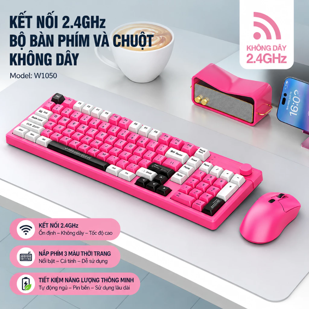 Bộ Phím Chuột Không Dây 2.4G Máy Tính Văn Phòng, Thiết Kế Phối Màu Thời Trang.Bàn Phím Không Dây 98 Phím