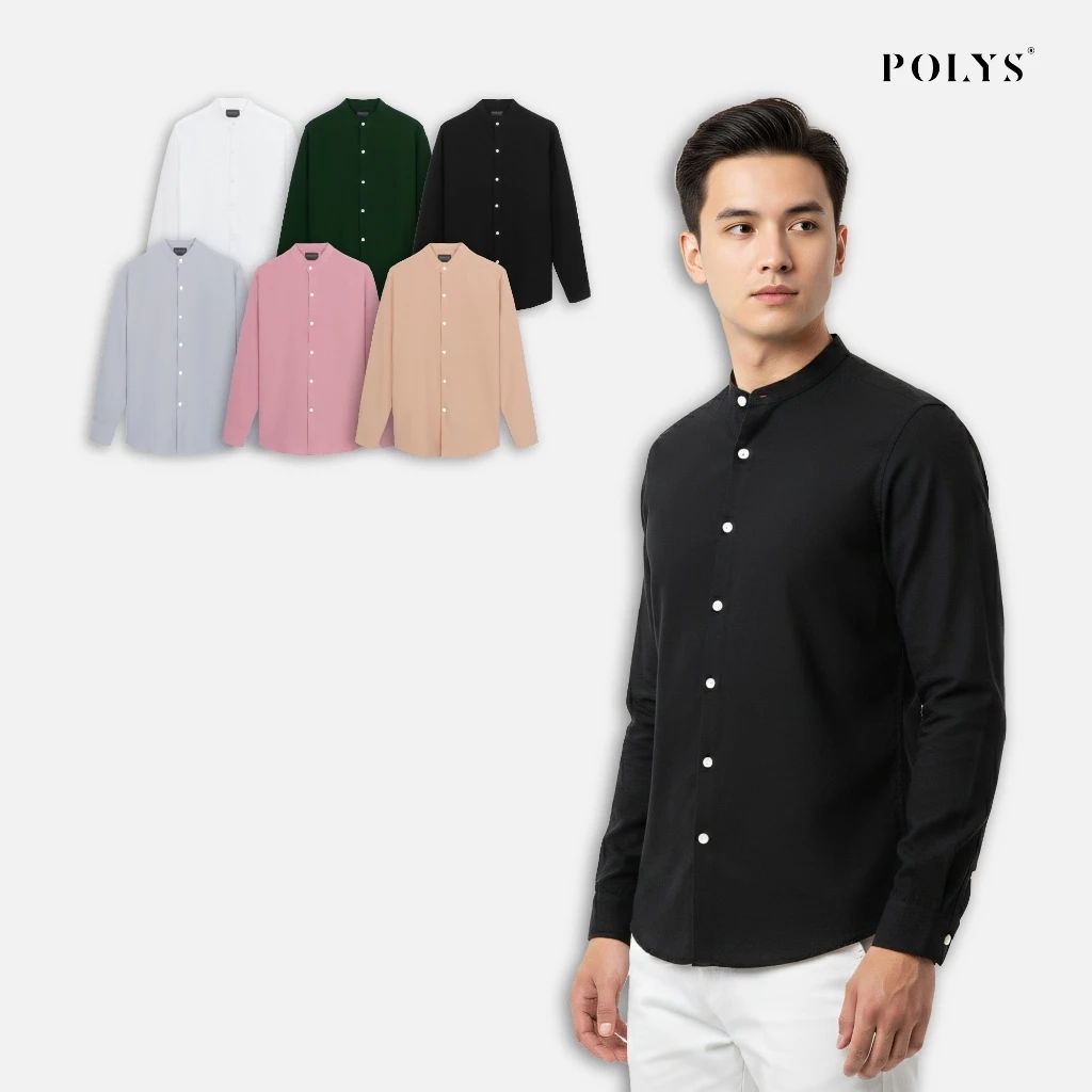SALE HÈ Áo sơ mi cổ tàu tay dài POLYS Vải Ford mềm mịn. Áo sơ mi cổ trụ tròn BAND COLLAR