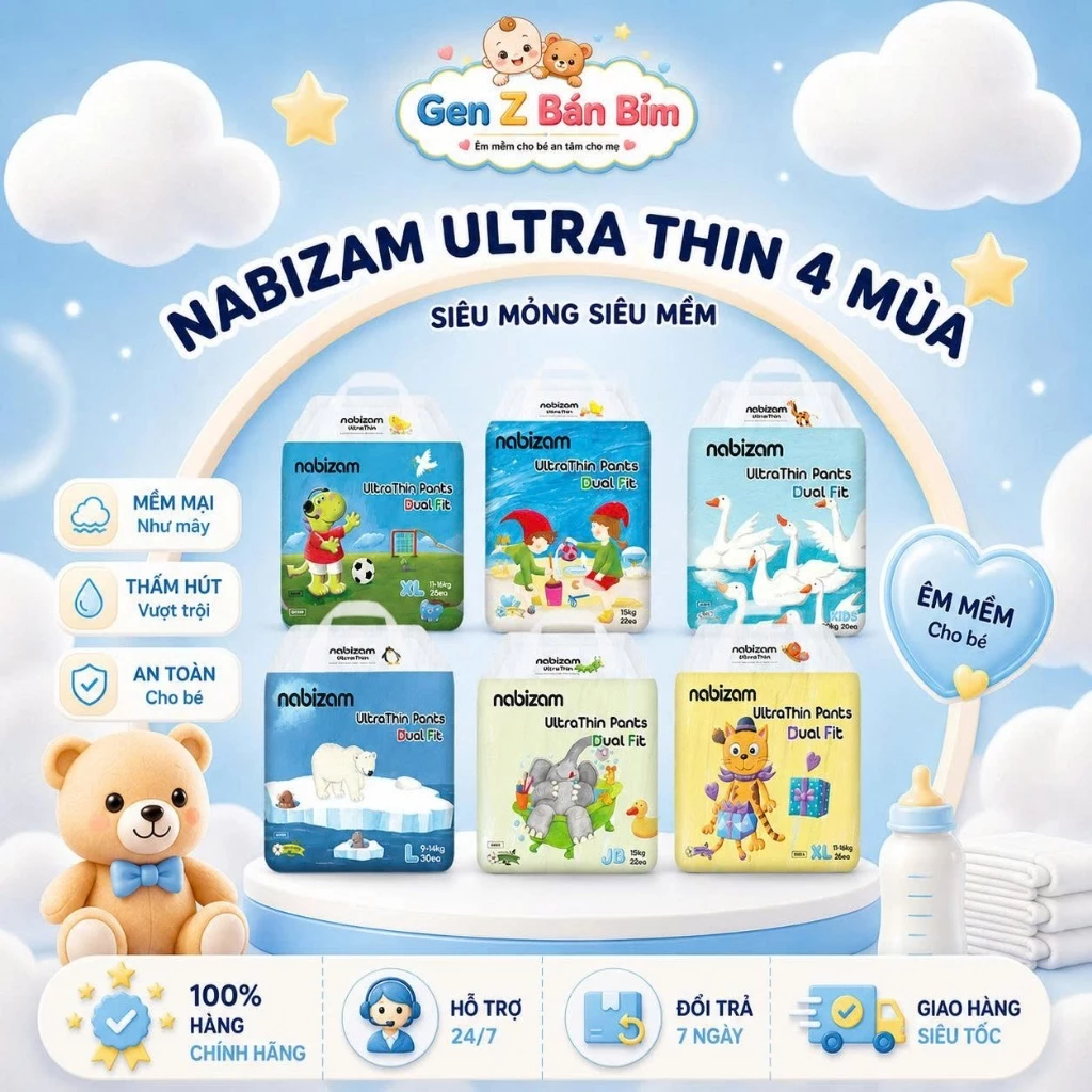 Bỉm Quần Nabizam Ultrathin 4 Mùa Đai Chun Nâng Cấp, Mỏng Mềm, Thấm Hút Nhanh size 4-24kg