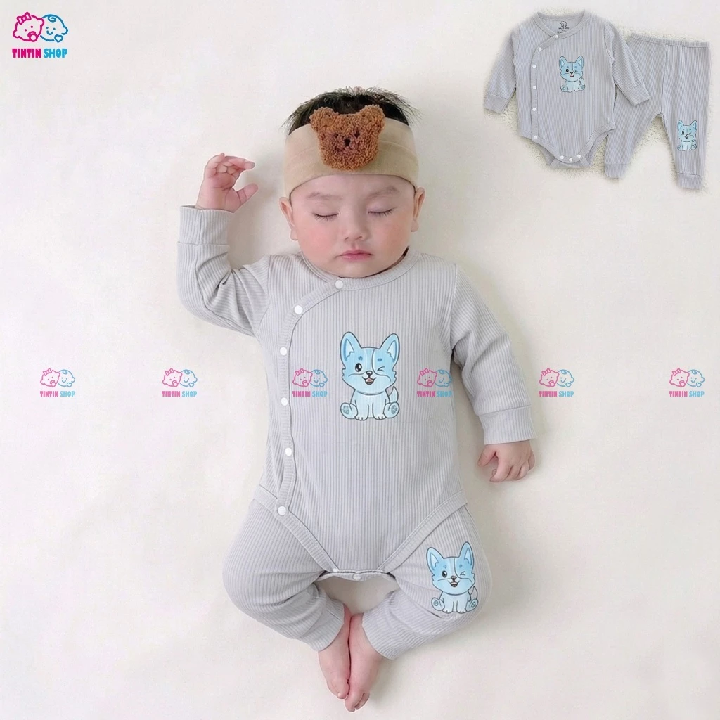 Sét Bodysuit kèm quần body chip dài tay vải thun tăm cho bé trai bé gái sơ sinh Áo liền quần SLT102