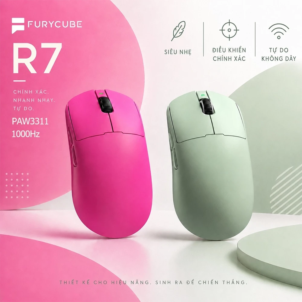 Chuột Không Dây Gaming FURYCUBE R7/G3, Cảm Biến PAW3311, Polling Rate 1000Hz, Pin 500/600mAh
