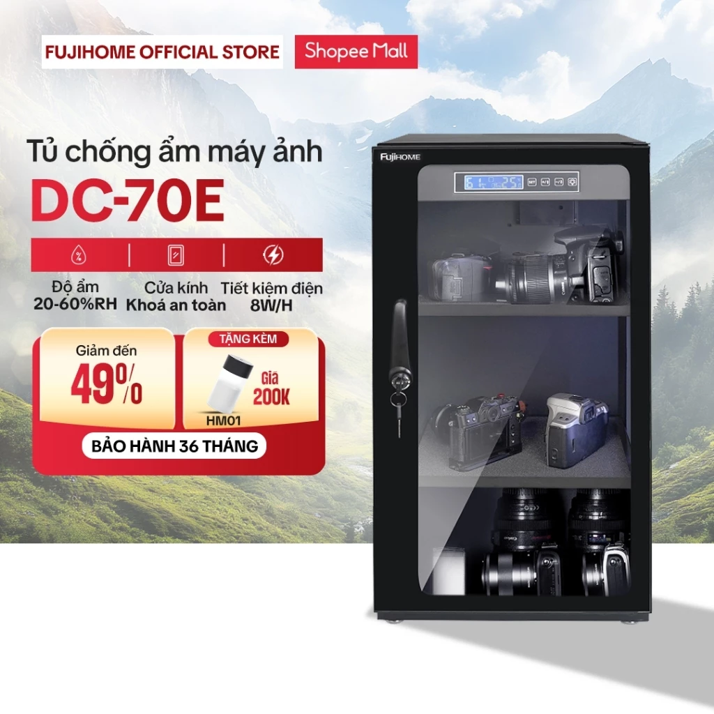 Tủ chống ẩm máy ảnh 70 Lít FUJIHOME DC70E bảo hành 3 năm, tủ hút ẩm máy ảnh điện tử 70L 3 ngăn chống nước dry cabinet