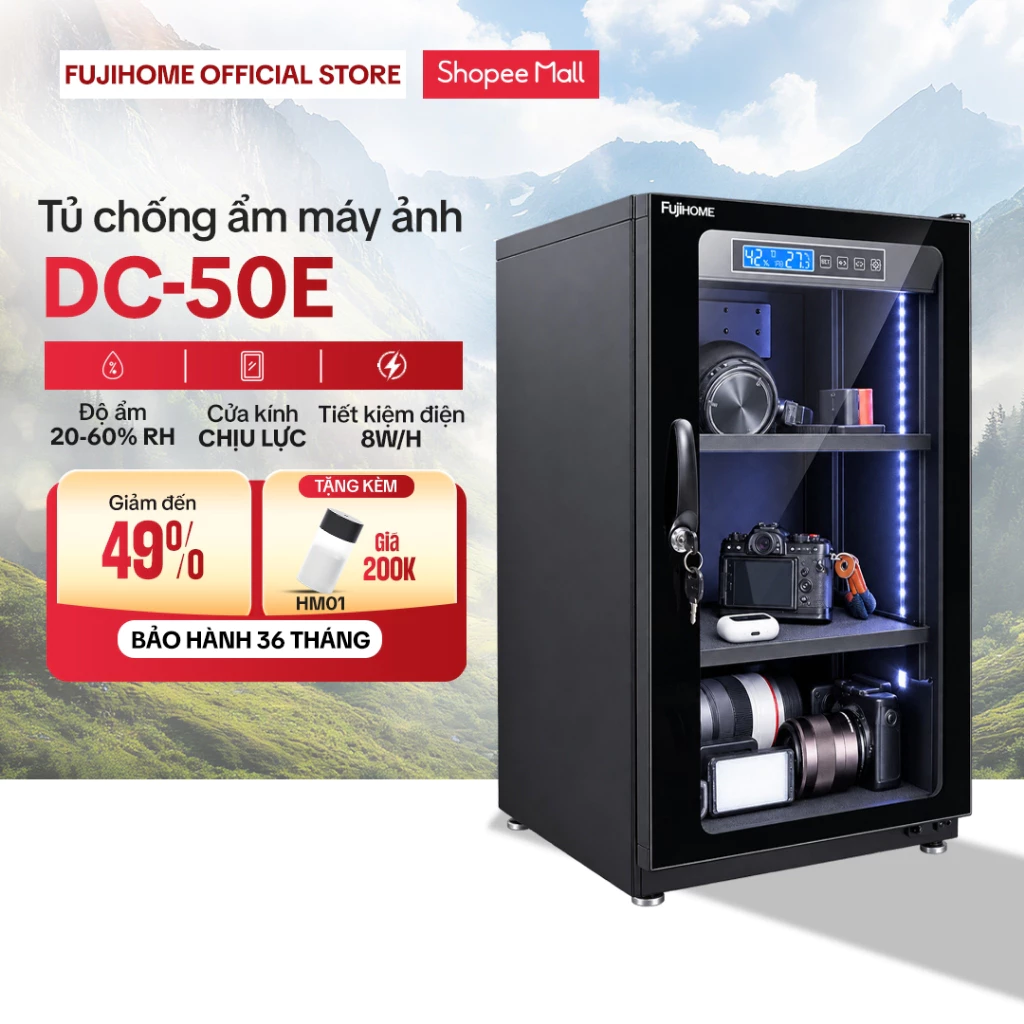 Tủ chống ẩm máy ảnh 50 Lít FUJIHOME DC50E Nhập Khẩu, tủ hút ẩm 3 ngăn điện tử ống kính camera chống nước dry cabinet