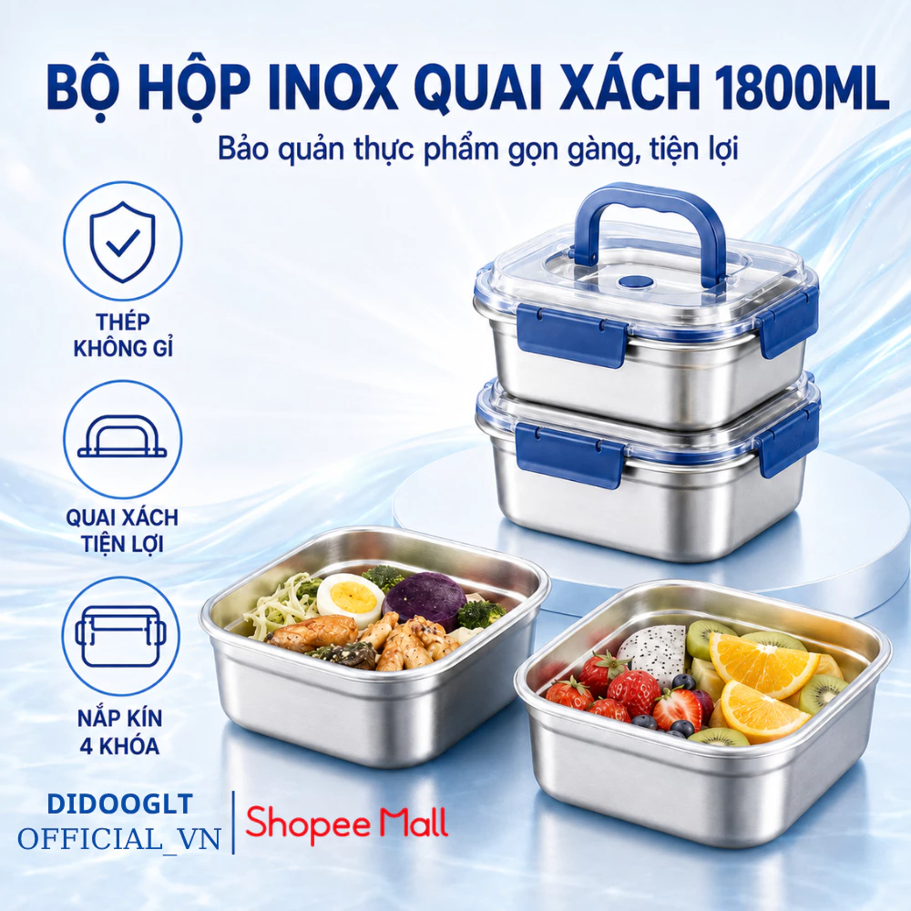 Hộp Đựng Thực Phẩm Inox 304 1800ml Có Quai Xách, Nắp Kín Chống Tràn Ngăn Mùi Tủ Lạnh (Didooglt)