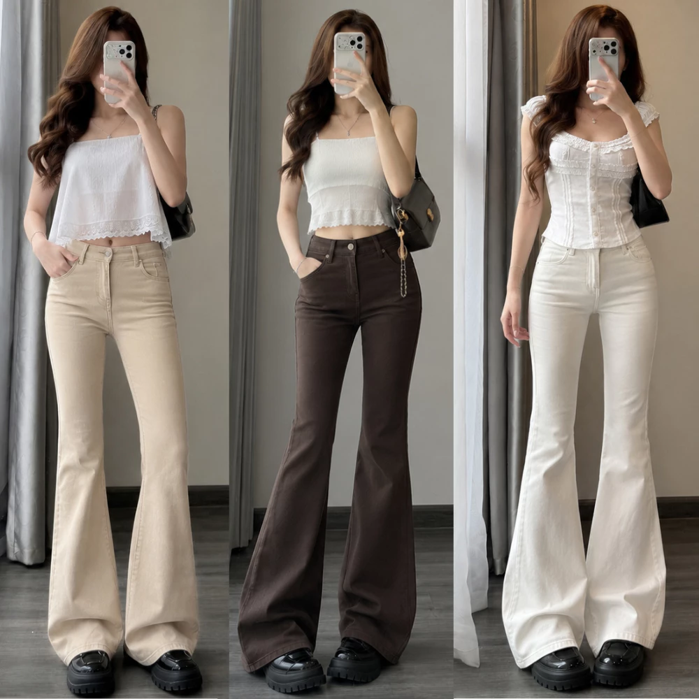 HÀNG MỚI VỀ] Quần Jean Ống Loe Nữ Cạp Cao Vải Jean Co Giãn 4 Chiều