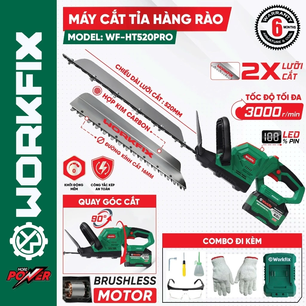 Máy cắt tỉa cành hàng rào chạy pin Workfix WF-HT520PRO - Lưỡi kép 520mm Bản To Cắt Bén Gom Cành - Xoay Góc Cắt 90