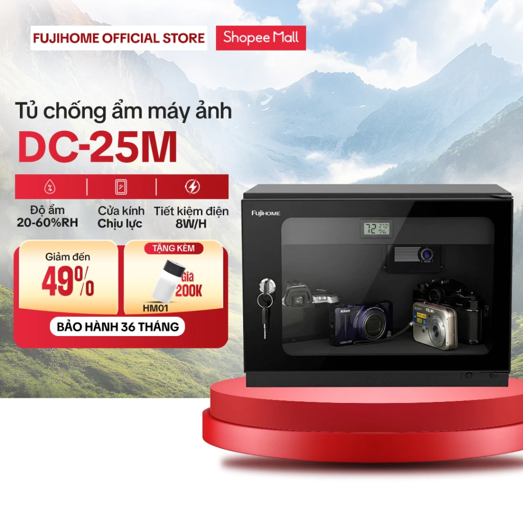 Tủ chống ẩm máy ảnh 25 Lít FUJIHOME DC-25M độ ẩm 25-60%, tủ hút ẩm máy ảnh 25L 1 ngăn dry cabinet tiết kiệm điện