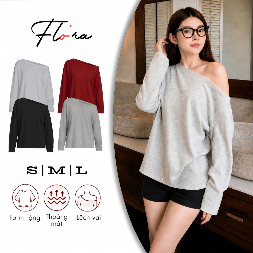 Áo Thun Nữ LỆCH VAI Form Rộng Tay Dài DD154 Flo'ra, Thun Cotton Thoáng Mát Basic Trễ Vai Flo'ra