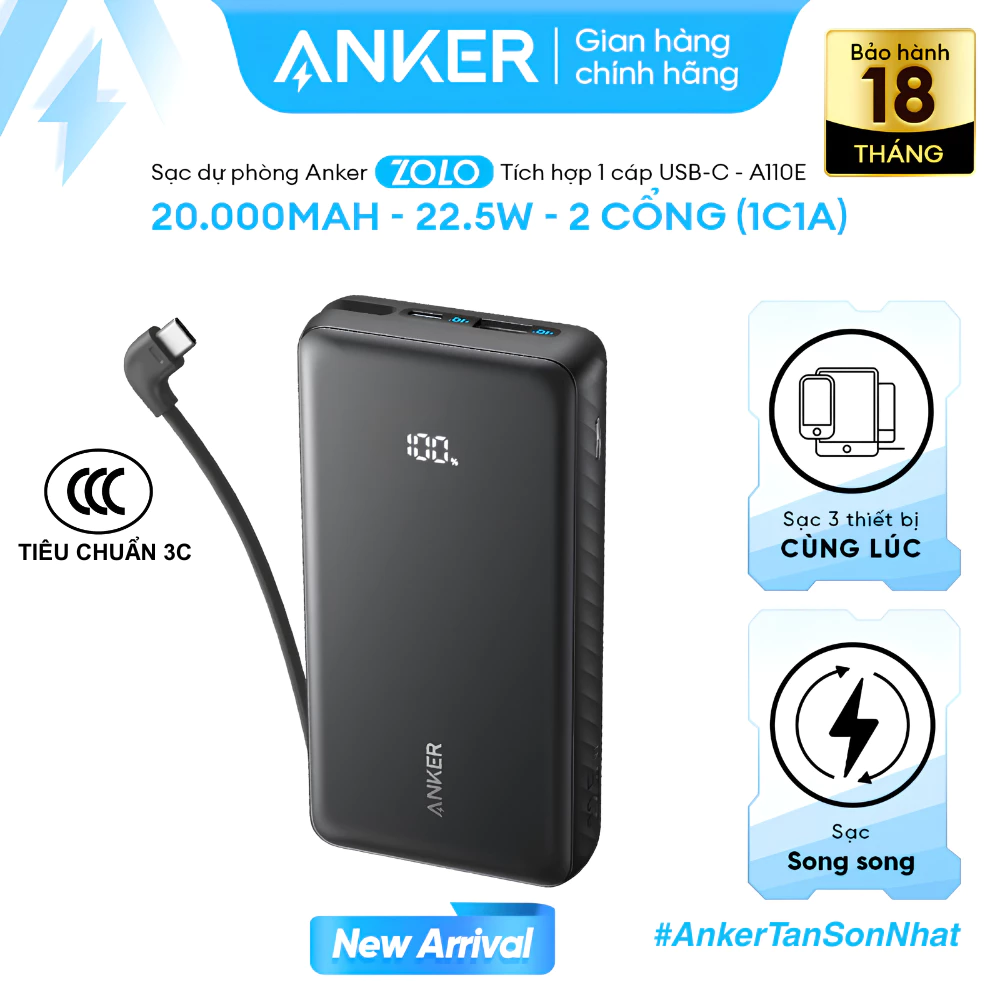 Sạc dự phòng ANKER Zolo 20.000mAh Sạc nhanh 22.5W, Tích hợp cáp USB-C, 2 Cổng 1C1A - A110E
