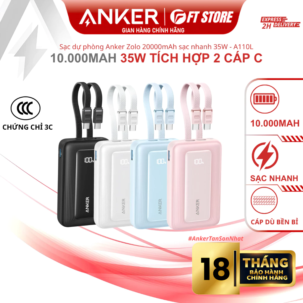 [Chứng chỉ 3C] Pin sạc dự phòng Anker Zolo A110L 10000mAh 35W tích hợp 2 cáp USB-C, nhỏ gọn