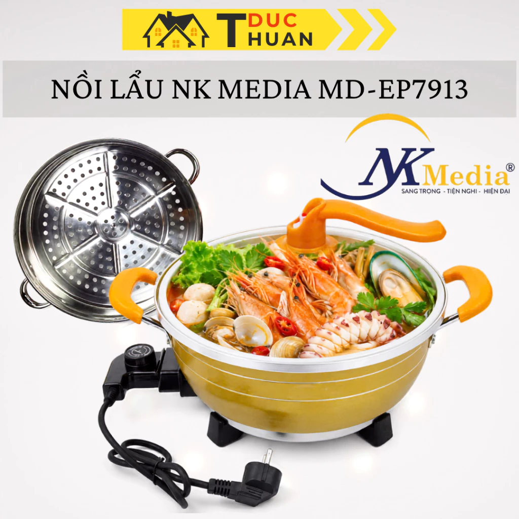 Nổi Lẩu Điện Đa Năng NK MEDIA - EP7913 Tặng Kèm Vỉ Hấp, Công Suất 1500W - DT HOME