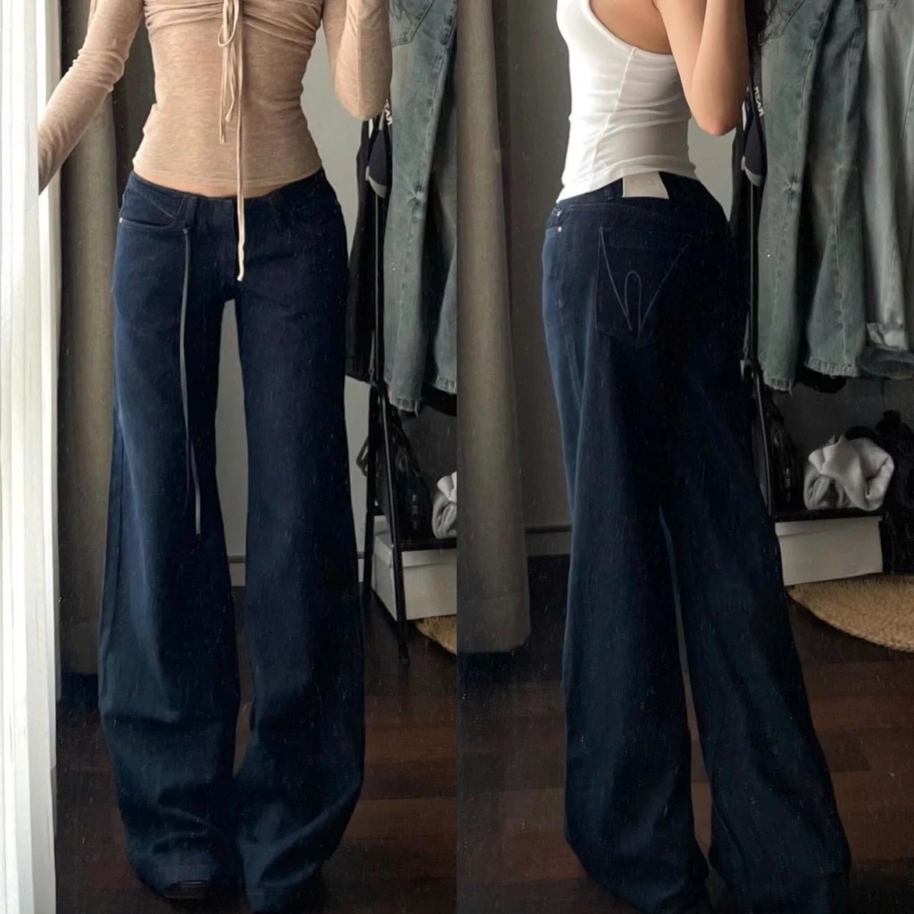 Quần jean cạp trễ ống rộng màu xanh đậm phong cách Y2K Vintage - TikTik