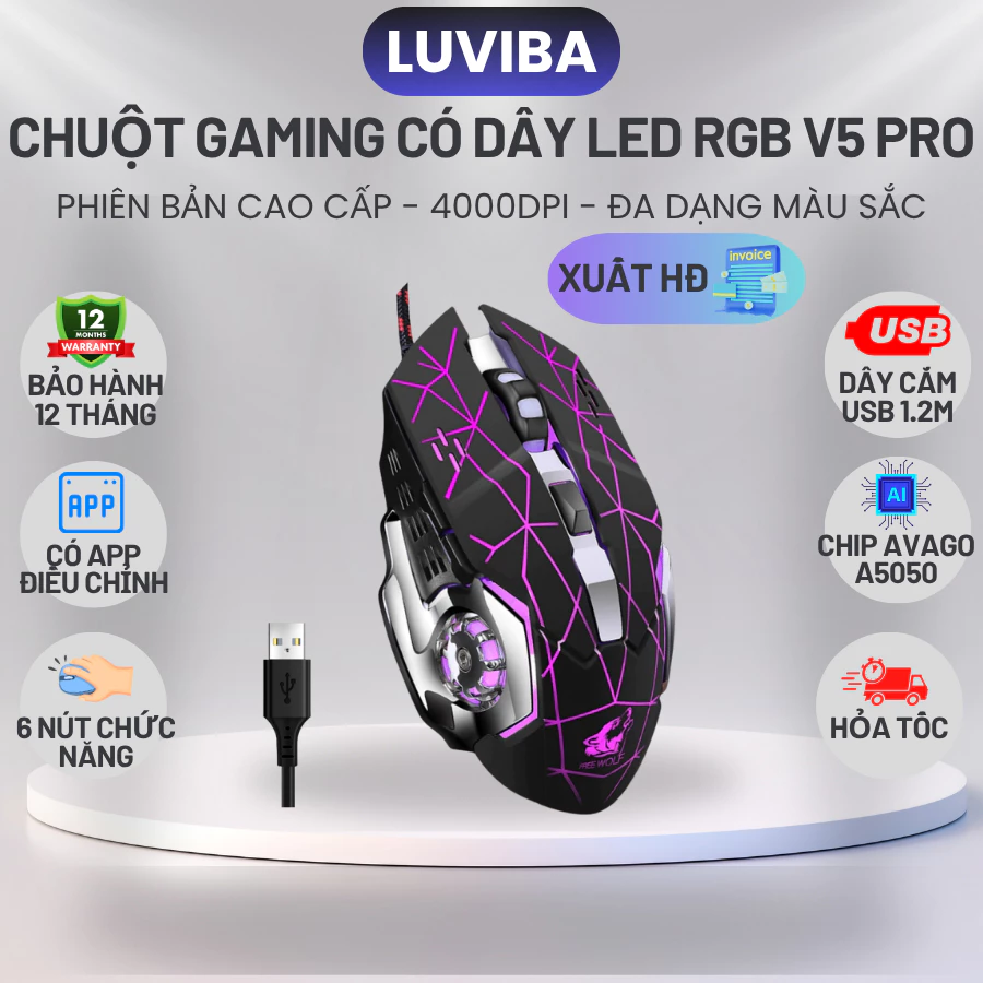 Chuột máy tính Gaming WOLF V5 PRO LED RGB đổi màu cực đẹp chuyên game, chỉnh được dpi, app cài macro