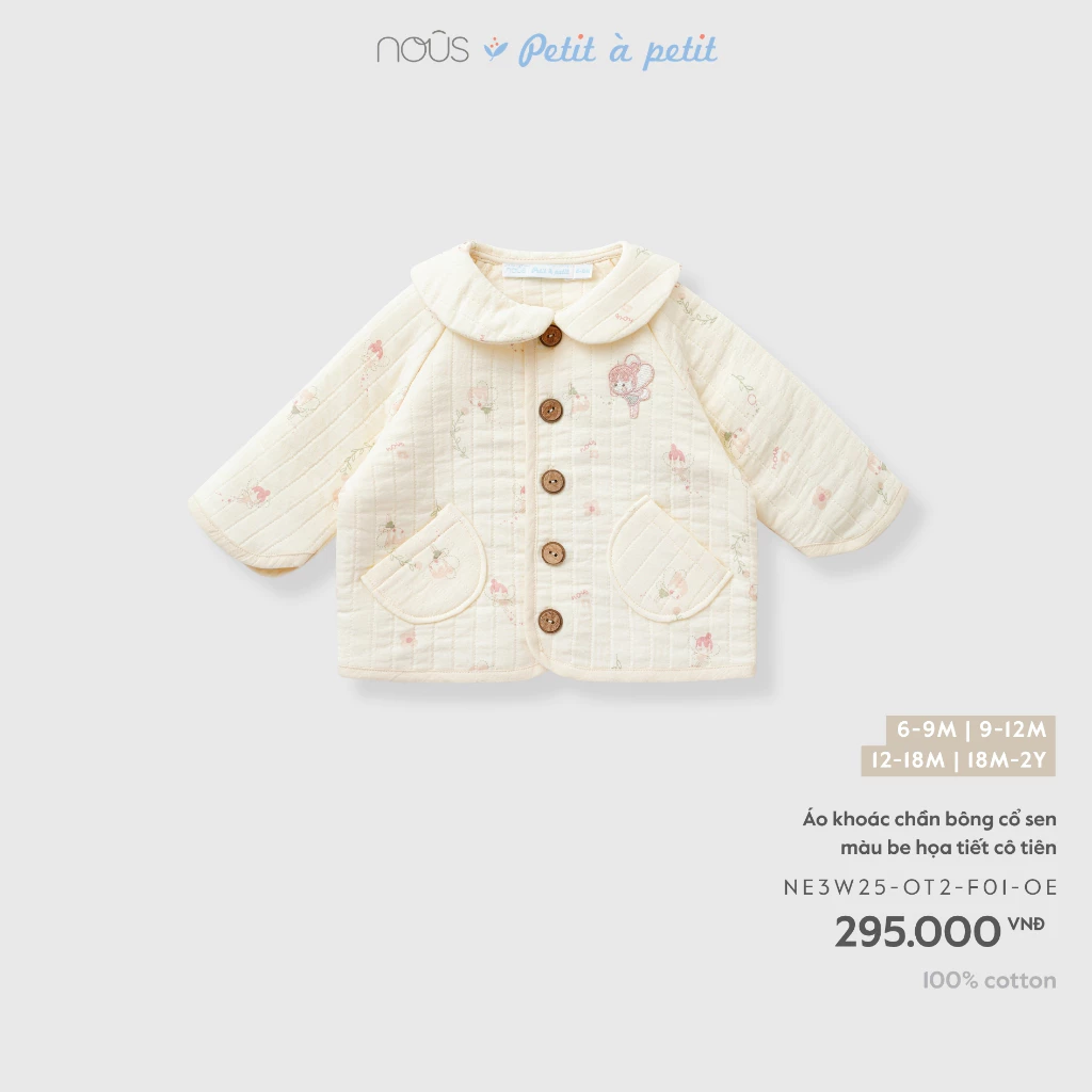 Nous Baby Áo khoác mỏng nhẹ vải cotton nhẹ,mềm, thêu họa tiết cổ sen xinh xắn cho bé gái từ 7.5-13.5kg BST T9