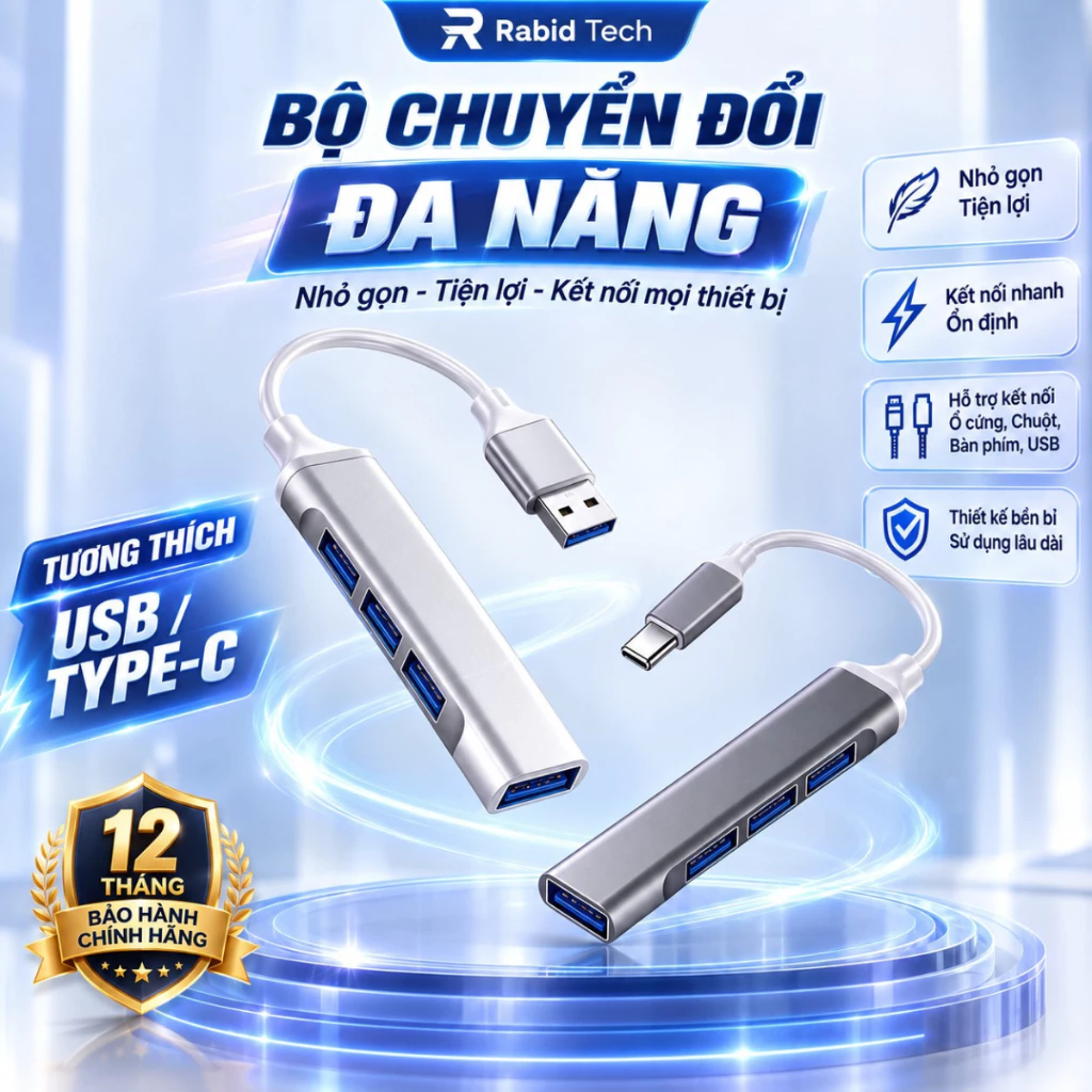 Bộ Hub Chia 4 Cổng USB 3.0/Type C RabidTech Cho Máy Tính-Laptop-Điện Thoại, Bảo Hành 12 Tháng