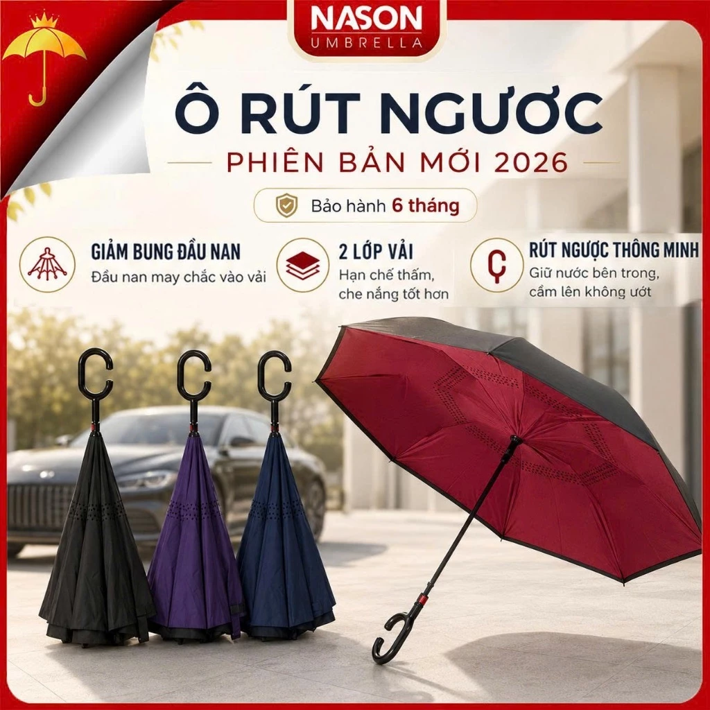Ô Dù Che Mưa Rút Ngược Nason FlipBrella Dành Cho Ô Tô Thiết Kế 2 Lớp Vải Cán Móc Treo Chữ C Tiện Lợi