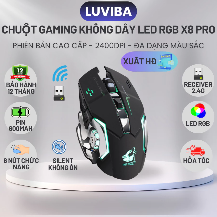 Chuột máy tính không dây gaming Free Wolf X8 PRO Wireless 2.4GHz LED RGB, pin sạc, điều chỉnh DPI