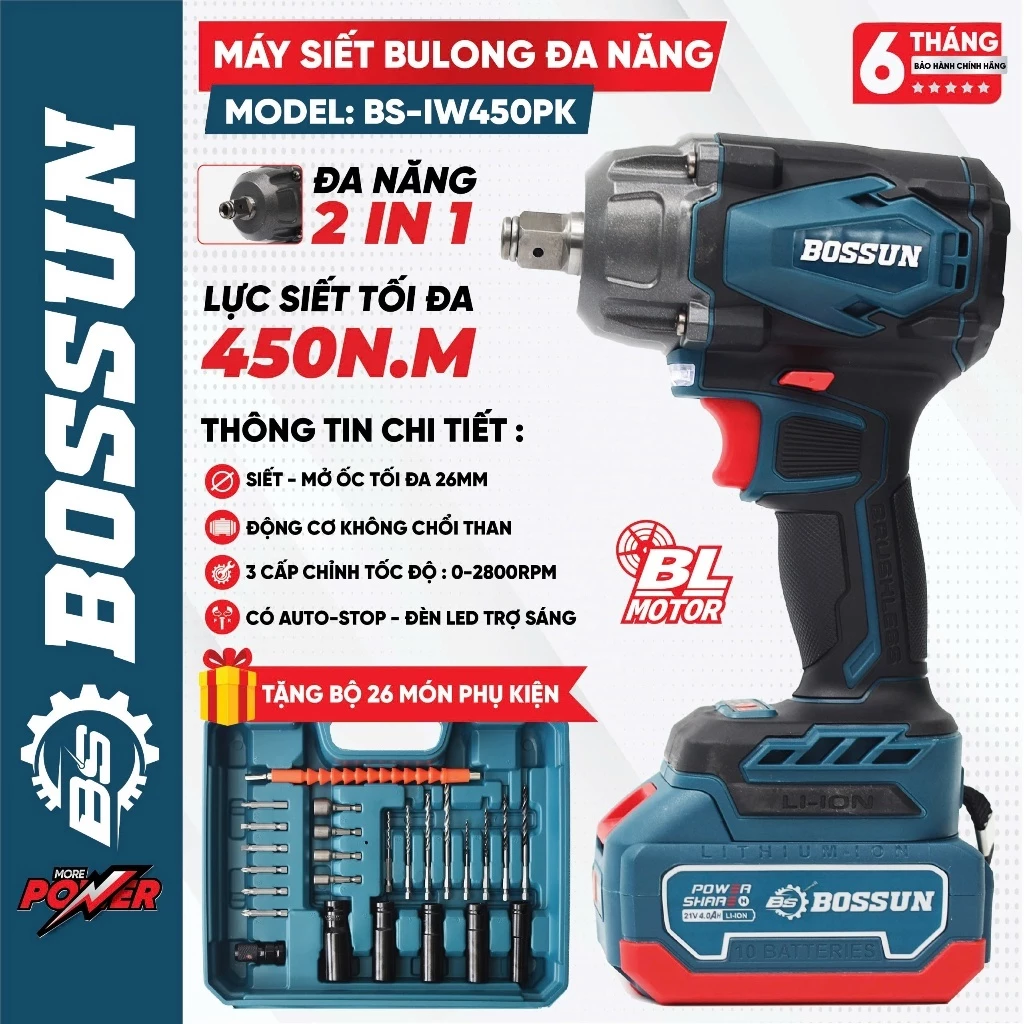 TẶNG BỘ 26 CHI TIẾT - Máy siết bulong Bossun BS-IW450PK Lực siết 450N.m Không chổi than, lõi đồng 3 Cấp tốc độ