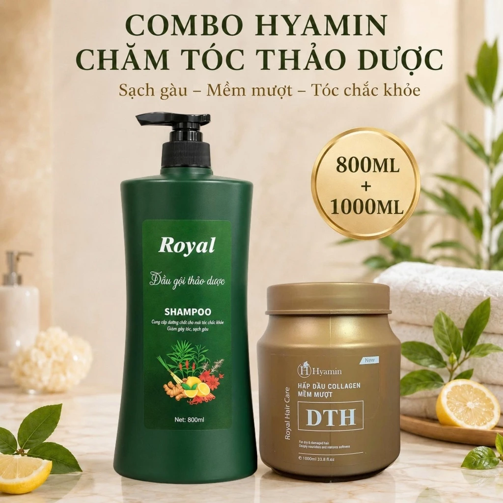 Bộ Dầu Gội Thảo Dược Hyamin 800ML Sạch Gàu và Kem Ủ Tóc Collagen DTH 1000ML Mềm Mượt Phục Hồi Tóc