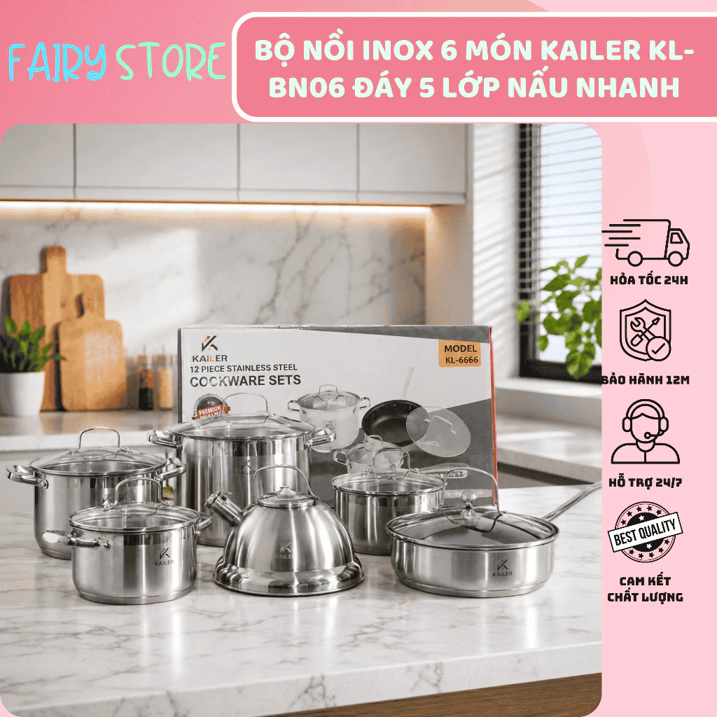 Bộ Nồi Inox 304 Cao Cấp 6 Món Kailer KL-BN06 Đáy 5 Lớp Nấu Nhanh Inox Cao Cấp Nắp Kính Chịu Nhiệt Dùng Mọi Bếp
