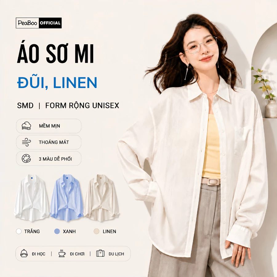 Áo Sơ Mi Nữ Đũi Xước, Sơ Mi Nam Nữ Dài Tay Unisex Mã SMD Trơn Basic Có Túi Ngực By PEABOO, Kiểu Dáng Hàn Quốc, Form Rộng